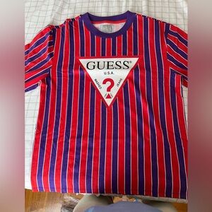 Guess men’s medium red and purple vertical stripe long sleeved shirt